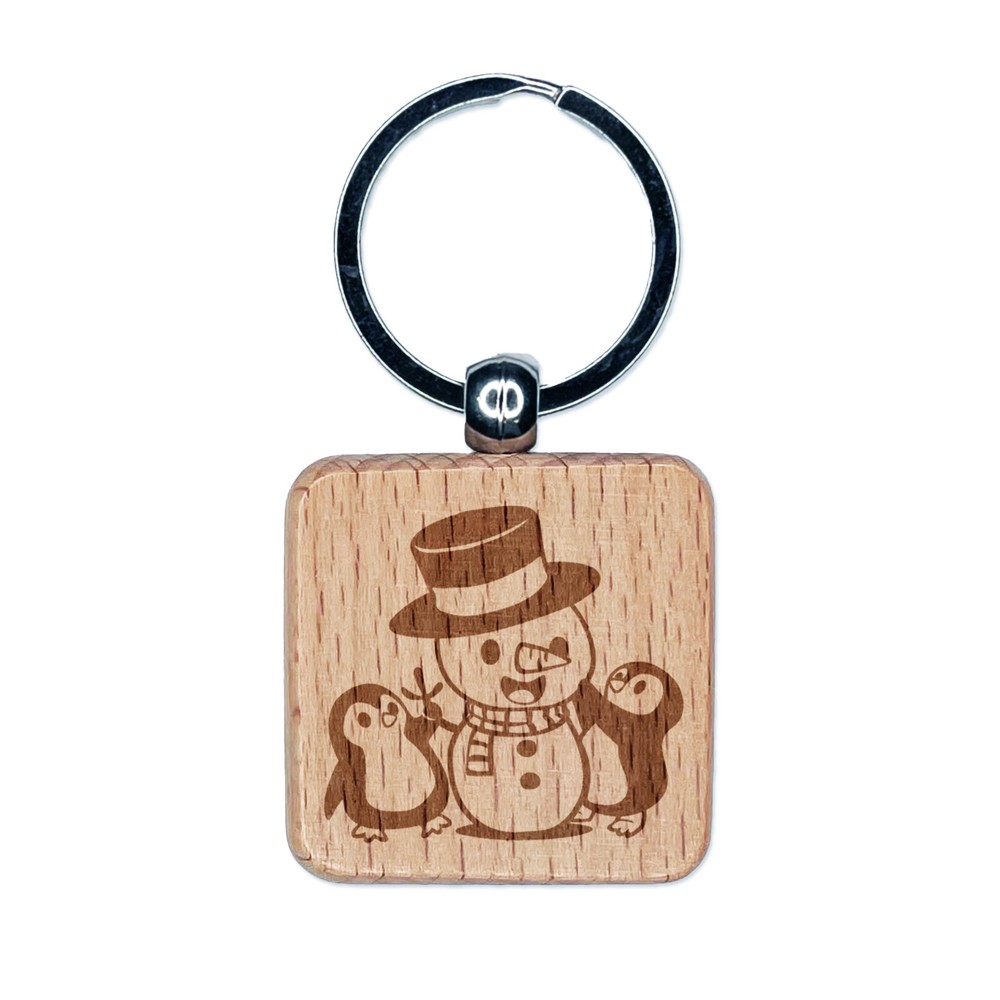 Christmas Penguins Building Snowman Engraved Wood Square Keychain Tag Charm