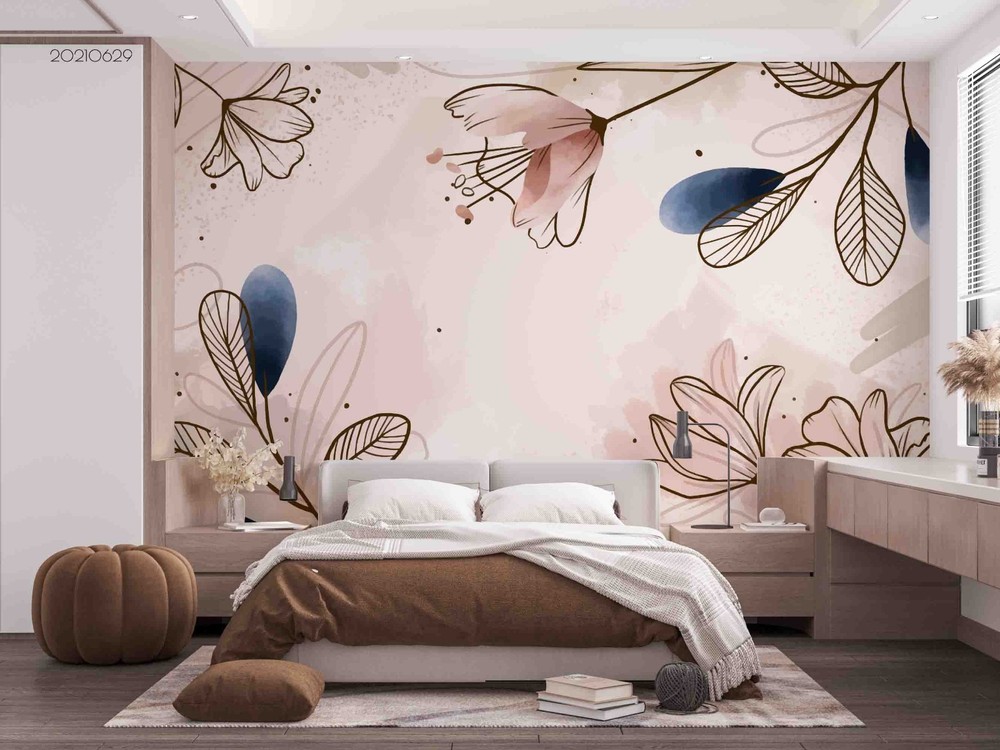 3D Hand Drawn Flower Leaves Watercolor Wall Murals Wallpaper Murals Wall Sticker