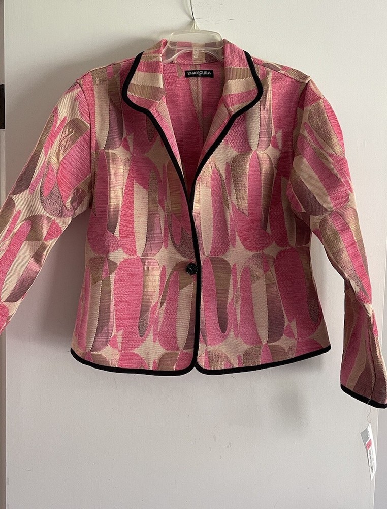 Khangura Women's Pink Brown Tapestry Jacket/Blazer Black Trim Sz M NWT