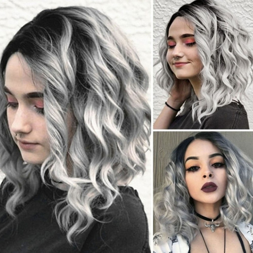 Women Short Wavy Bob Curly Hair Wig Ombre Gray Party Cosplay Synthetic Full Wigs