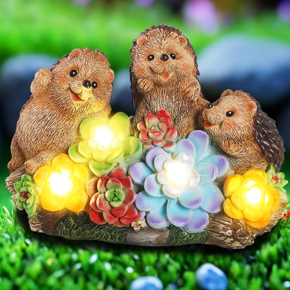 3 Hedgehog Solar Garden Statues with Succulent,Outdoor Lights for Garden Deco...