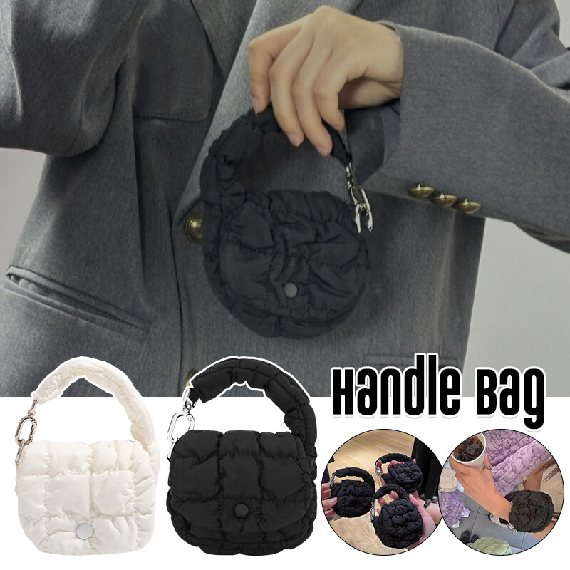 Women Handle Bag Mini Solid Color Down Cotton Bag Fashion Ruched Dumpling Bag