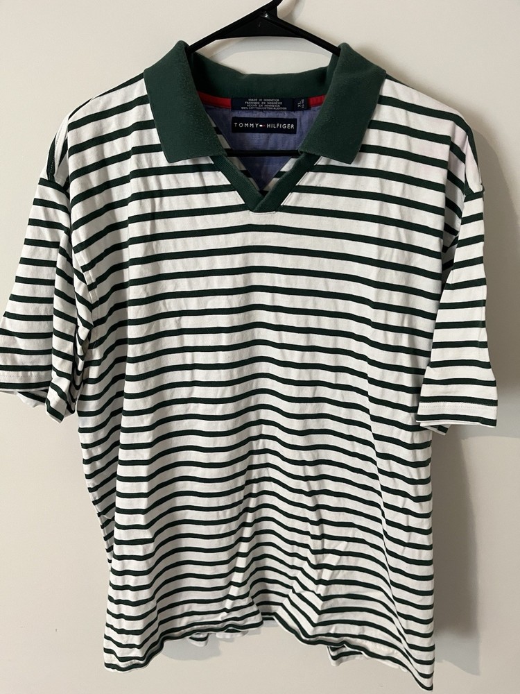 Vintage Tommy Hilfiger Men's White & Green Striped Polo Shirt Size XL