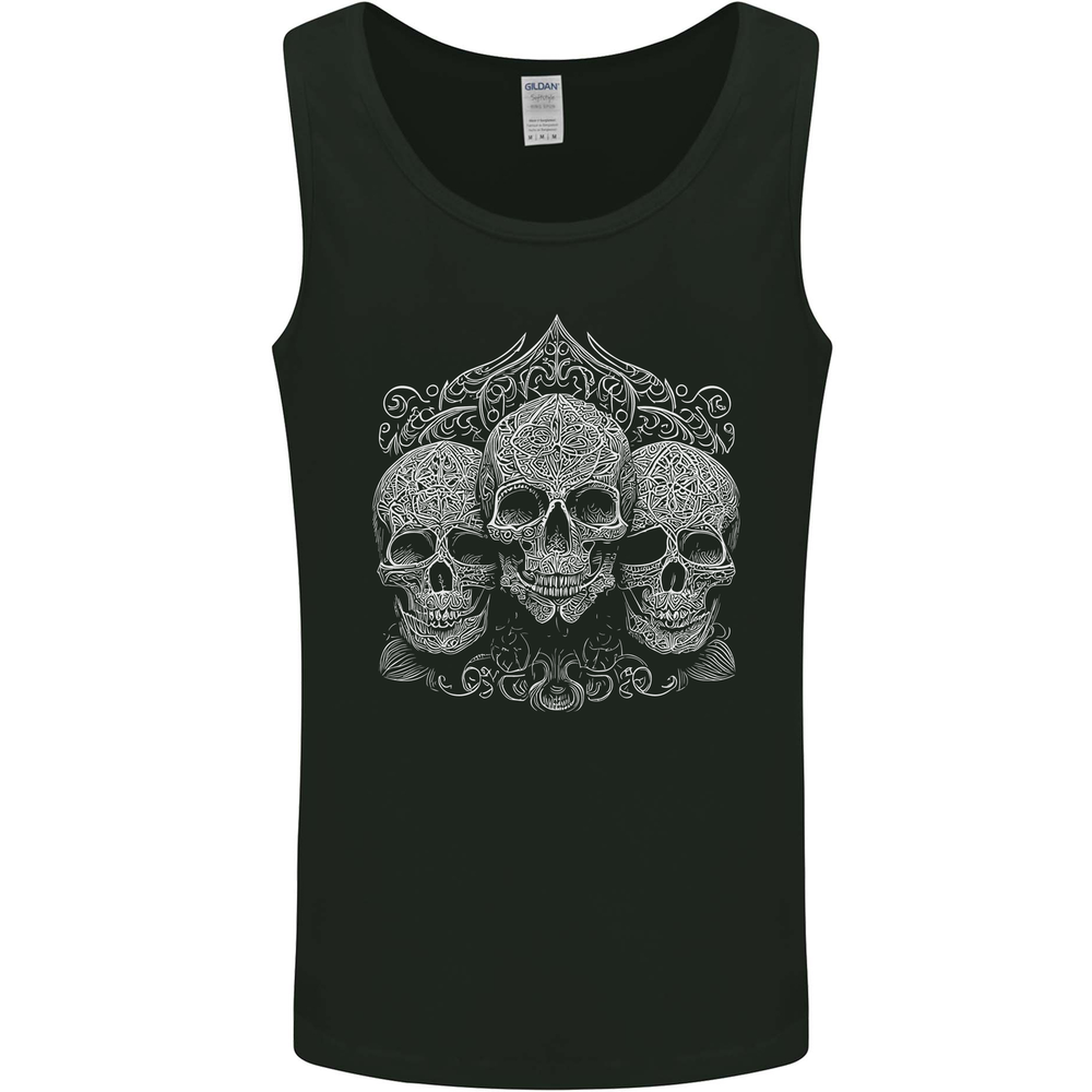 3 Ornate White Skulls Gothic Goth Mens Vest Tank Top