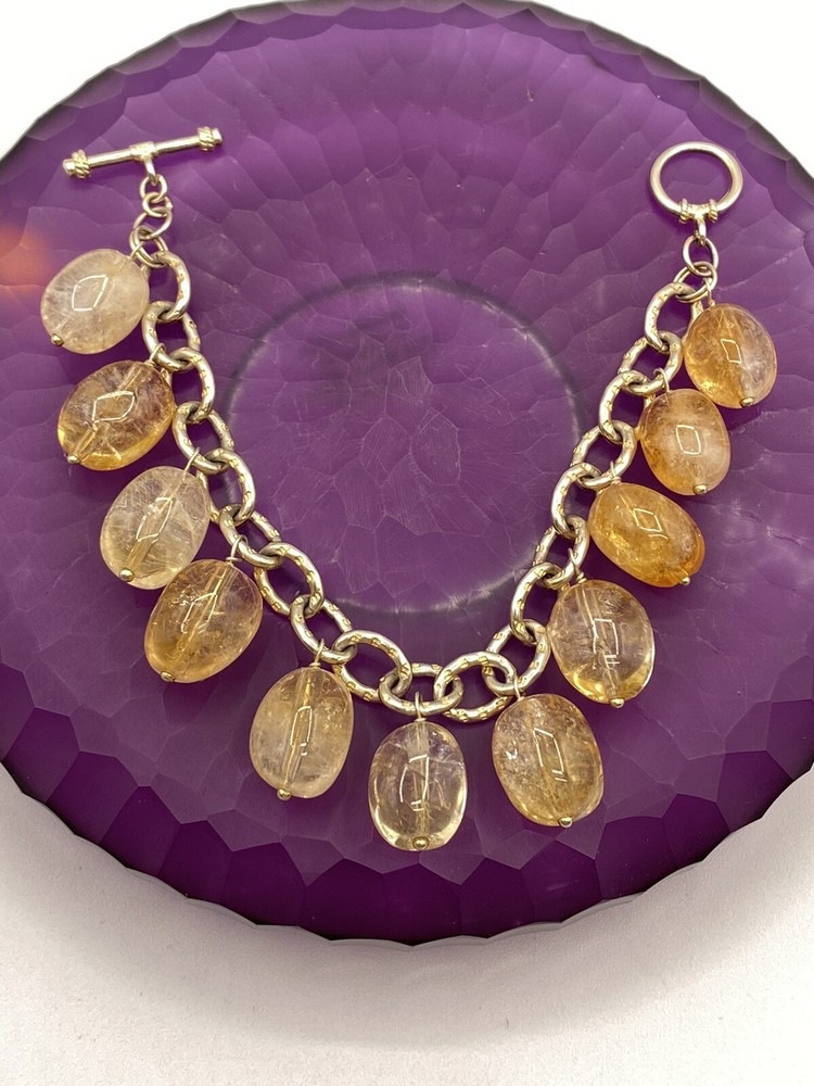 Signed LUC 925 Sterling Silver Bracelet with Citrine Yellow Glass Beads