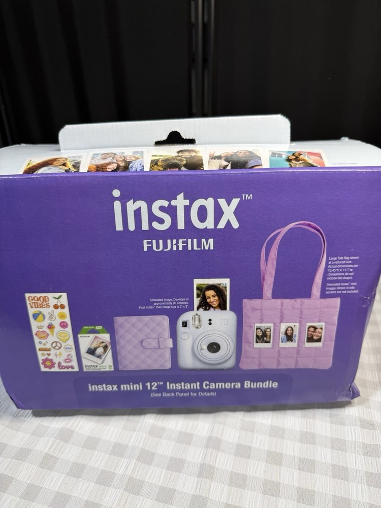 Fujifilm INSTAX Mini 12 Lilac Purple Camera Bundle w/ Film, Album, Case, Open