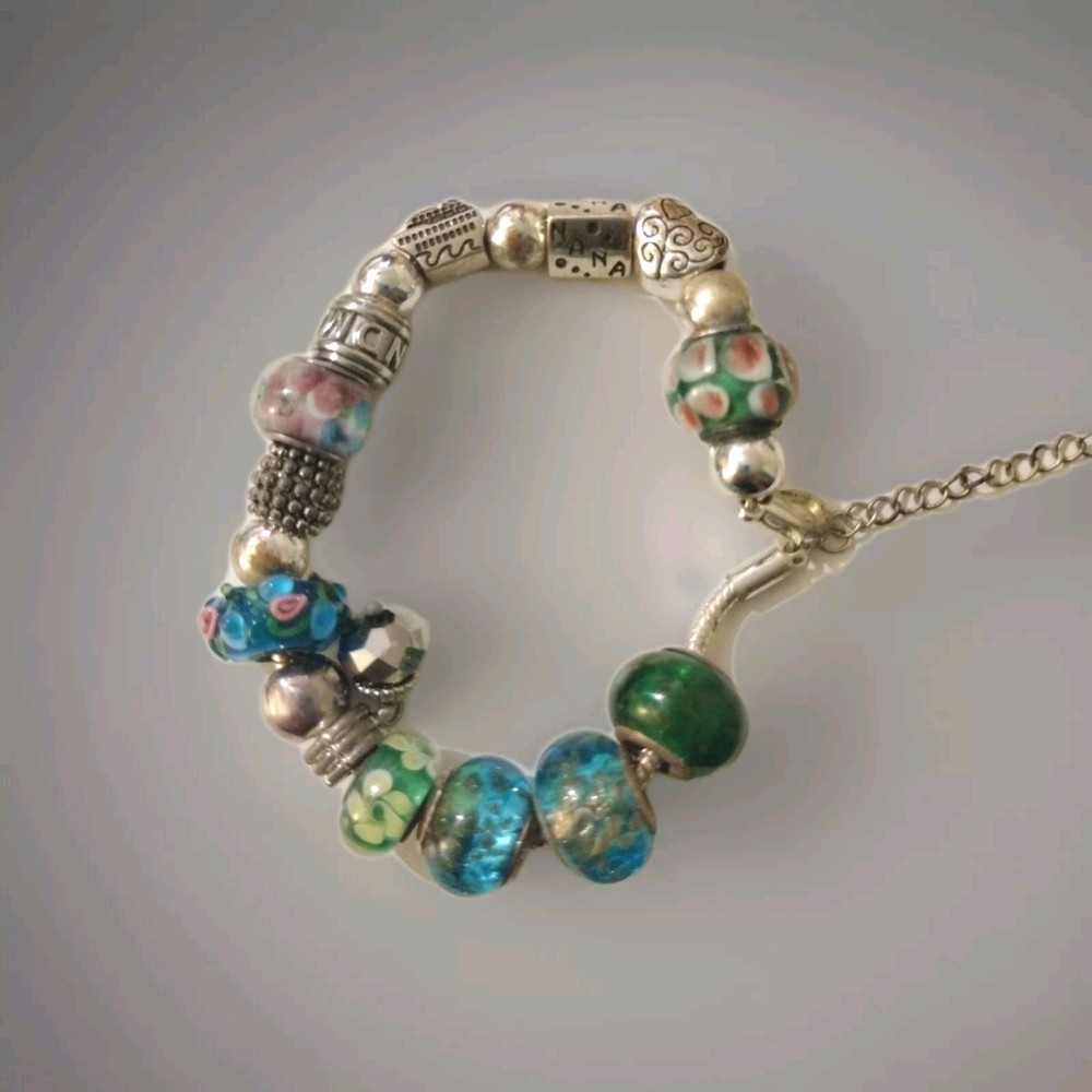 Charm Bracelet with 19 Silver-Toned Green Flower Dangle Charms