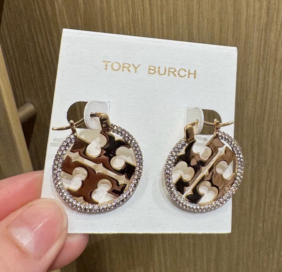 Tory Burch Gold Double T Logo Crystal Stud Earrings