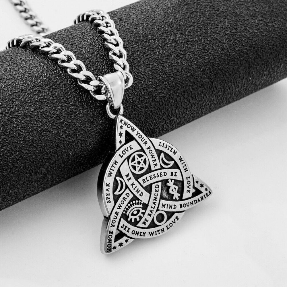 Men Boy Stainless Steel Triple Pendant Necklace Celtic Knot Irish Cuban Chain