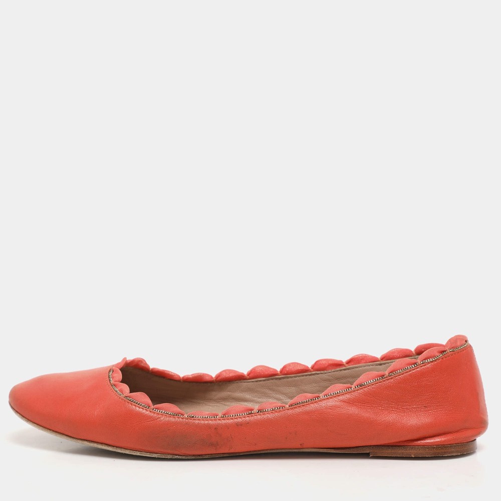 Chloe Orange Leather Laurena Scalloped Ballet Flats Size 37