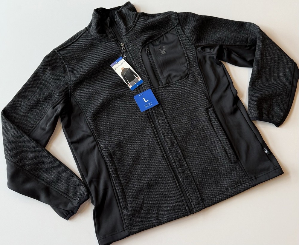 NWT Spyder Bandit Men’s L Full Zip Waffle Knit Fleece Jacket Black Pockets