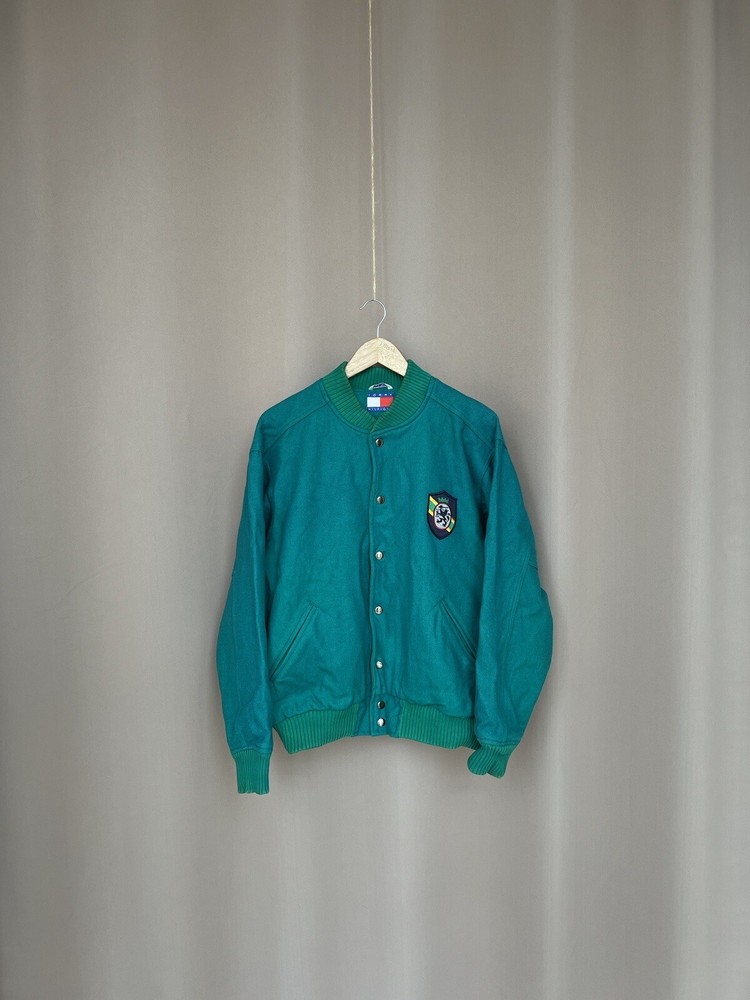 Vintage Tommy Hilfiger Green Wool Blend Bomber Jacket for Men Size M