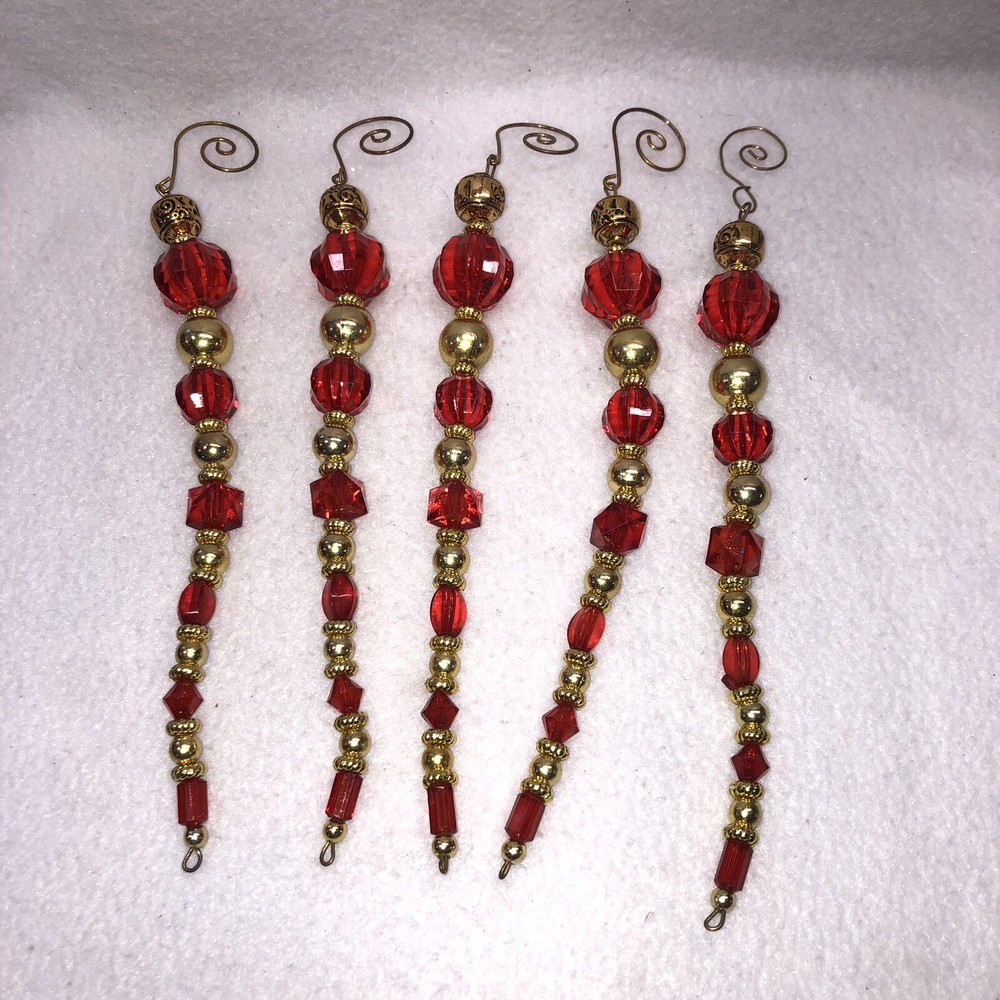 Ruby Red Gold Beaded Icicle Christmas Ornaments 8 Inch Set of 5 with Hooks