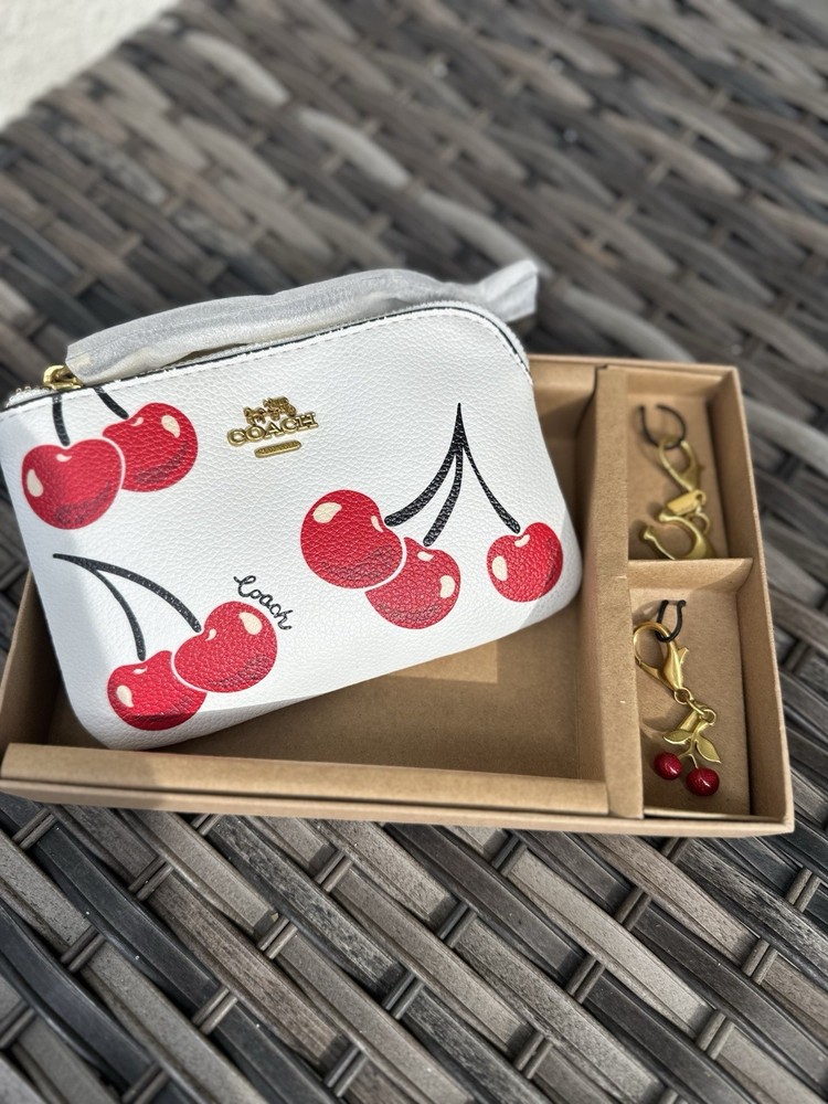 White Cherry Print Wallet Case with Keychain