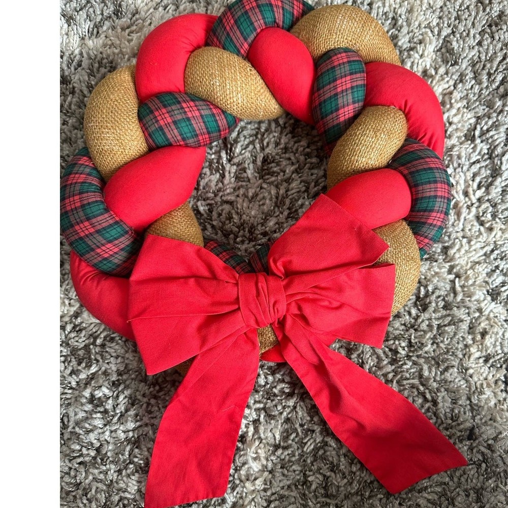Handmade Rustic Farmhouse Braided Burlap Plaid Christmas Wreath