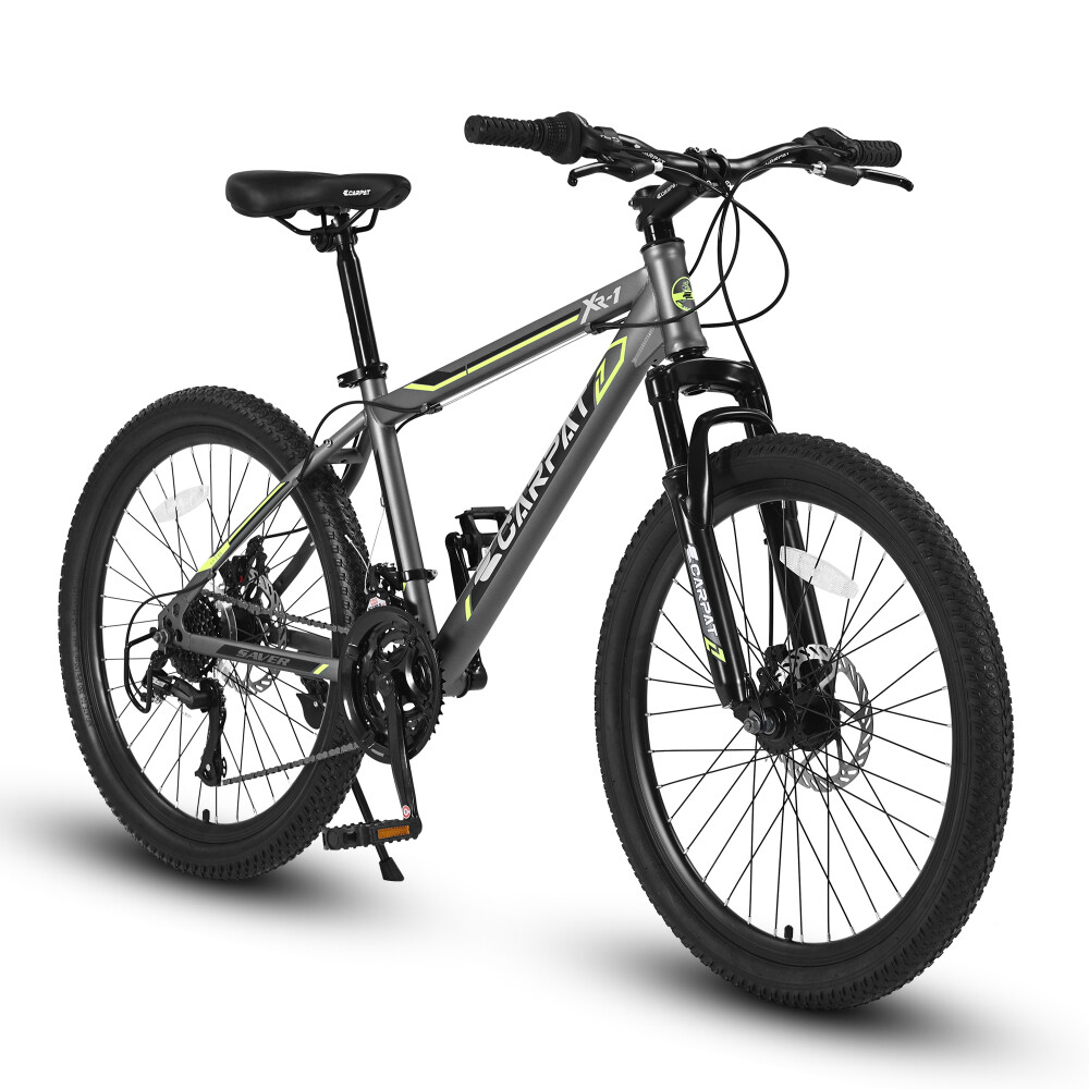 24 Inch Boys Girls Mountain Bike 21 Speed Steel Frame Dual Disc Brakes Front Suspension MTB