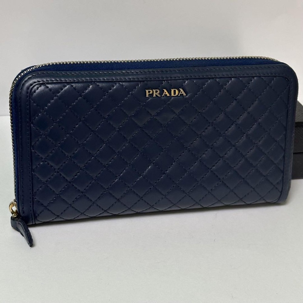 Prada Quilted Round Zipper Long Wallet with Blue Logo Hardware