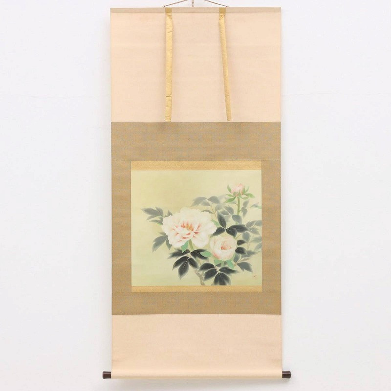 True Work Higuchi-Hao-Hanging Scroll Silk Pen Color Peony Signature Printed With