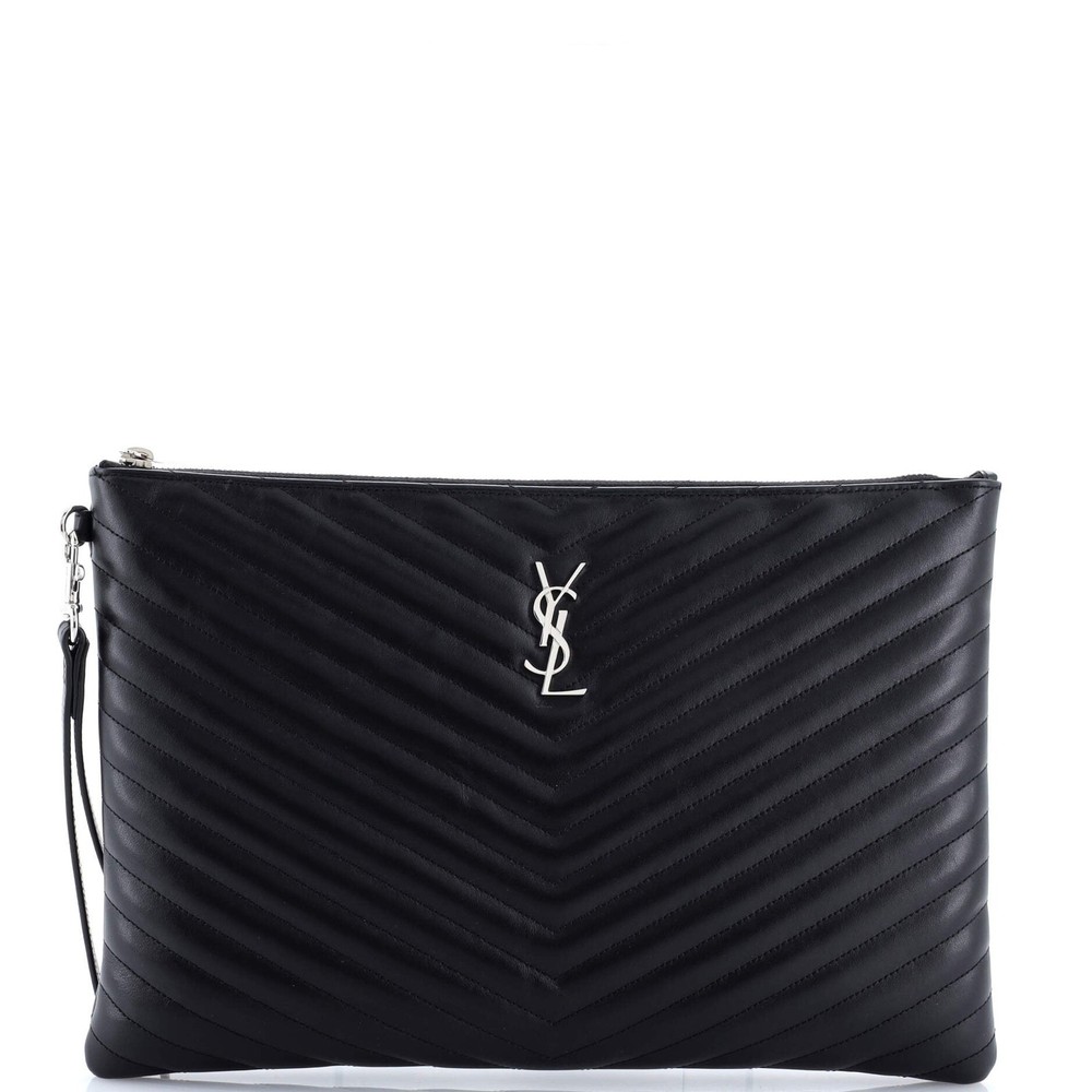 Saint Laurent Classic Monogram Wristlet Pouch Matelasse Chevron Leather Large