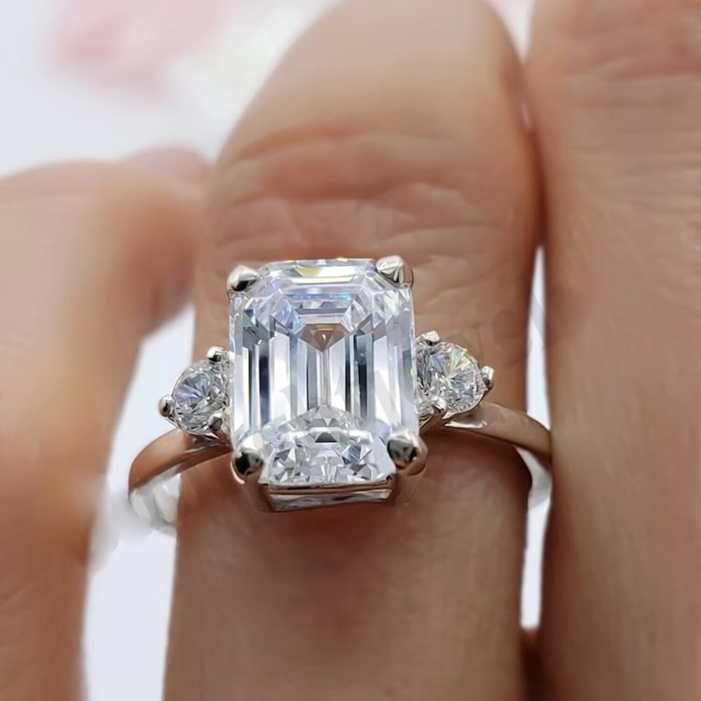 RARE 5.50 Ct Emerald Cut Off White Treated Diamond Ring in 925 Silver Cert