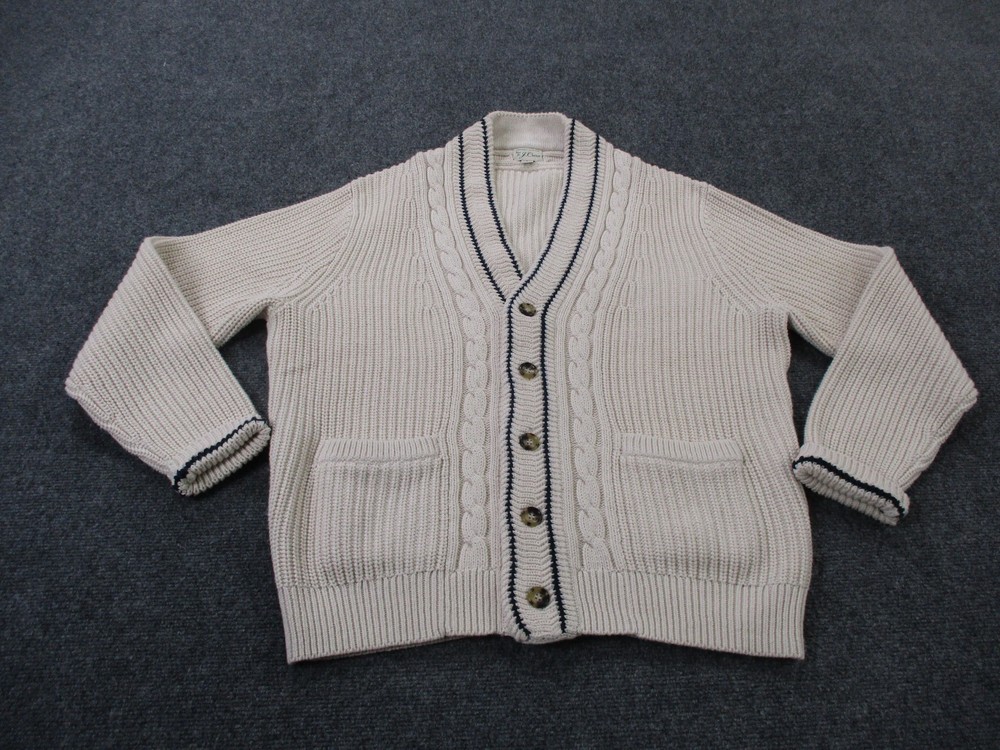 J Crew Sweater Men L White Cardigan Cable Knit Fisherman Chunky Cricket Preppy