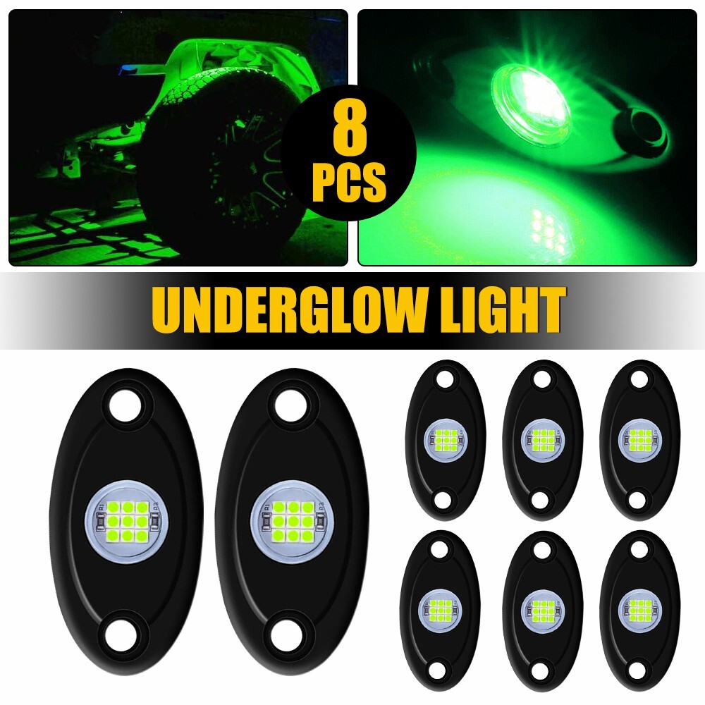 8 Green LED Underbody Rock Lights for Trucks Jeeps ATVs UTVs Off-Road