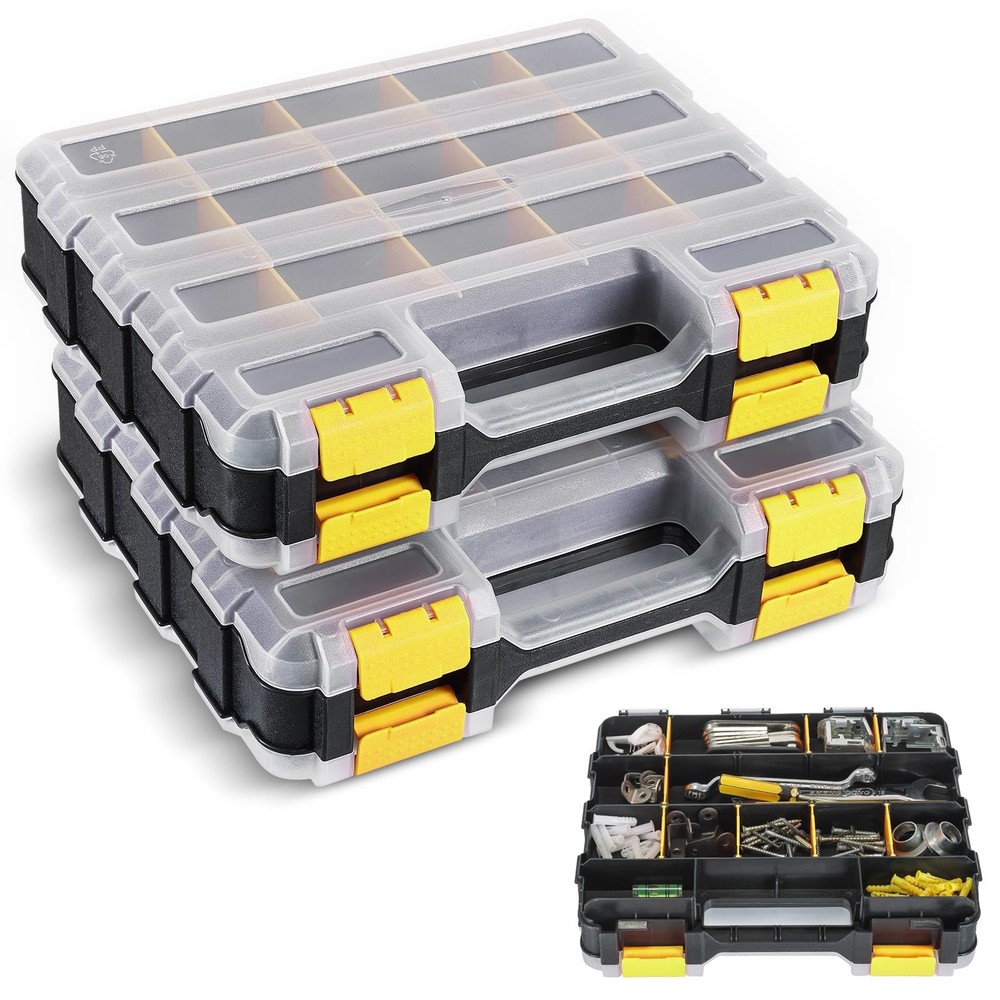 2 Pack Small Parts Organizers, 34-Compartments Double-Sided Tool Box with Rem...