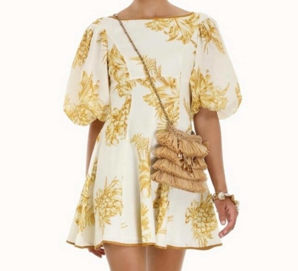 Zimmermann Cream Gold Empire Bonita Puff Sleeve Mini Dress AU/UK 14, US 10
