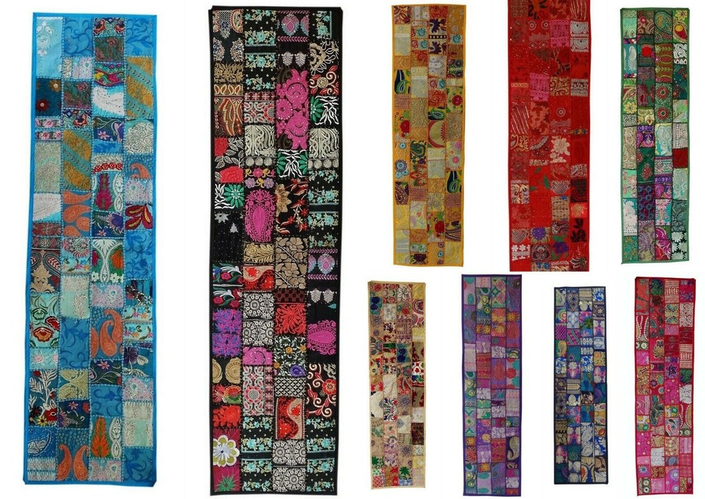 Large Patchwork Tapestry Wall Hanging Bohemian Accent Indian Embroidery Runner