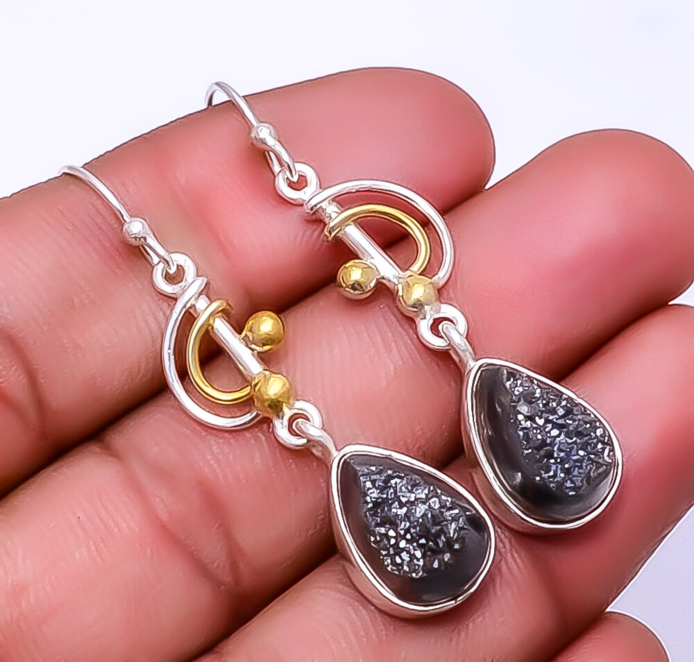 Black Titanium Agate Drusy 925 Sterling Silver Two Tone Earring 1.95