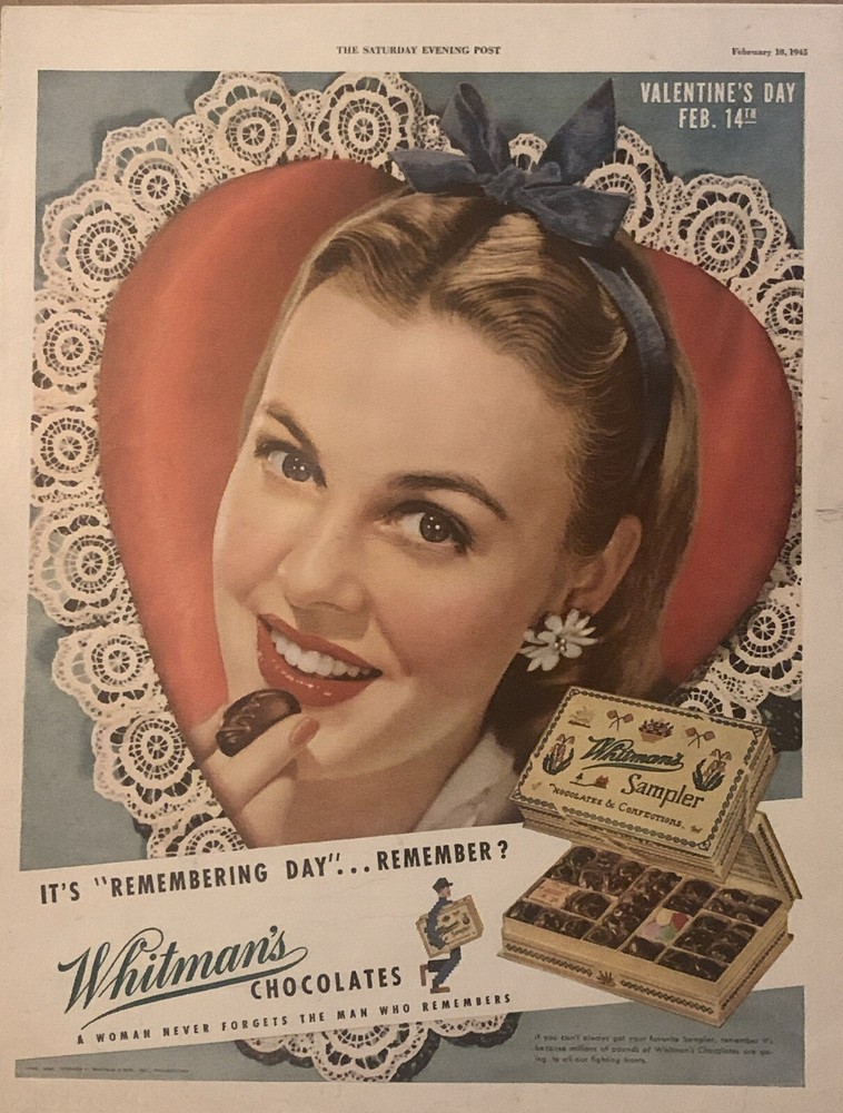 1945 Whitmans Sampler Chocolates Valentines Day PRINT AD Remembering Day VTG 40s