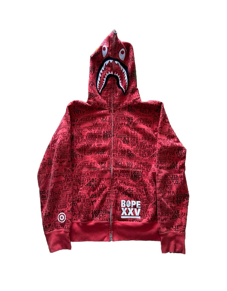 Bape XXV All City AOP Wide Shark Double Hoodie Men’s Size Small Red Full Zip
