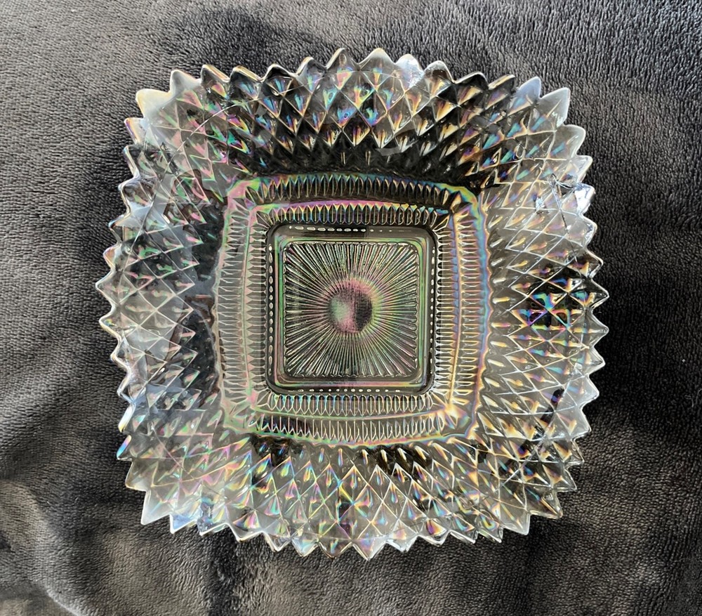 Indiana Glass Smokey Gray Iridescent  Ruffled Diamond Point Edge Dish Bowl