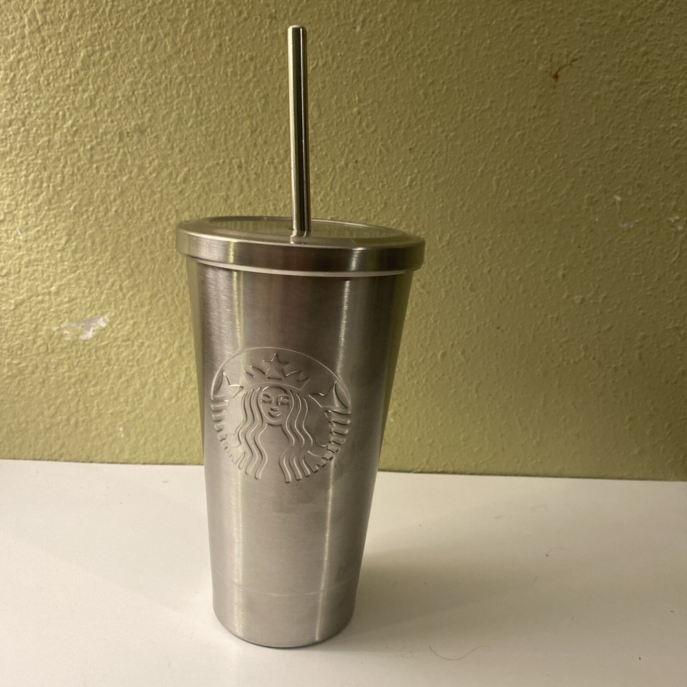 STARBUCKS Silver Mermaid Logo Cold Cup Grande Metal Straw Tumbler 16Oz