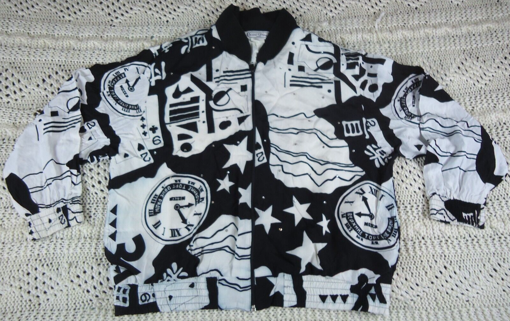 St. Germain Paris VTG Women's L Black and White Novelty Bling Bomber Jacket 90s