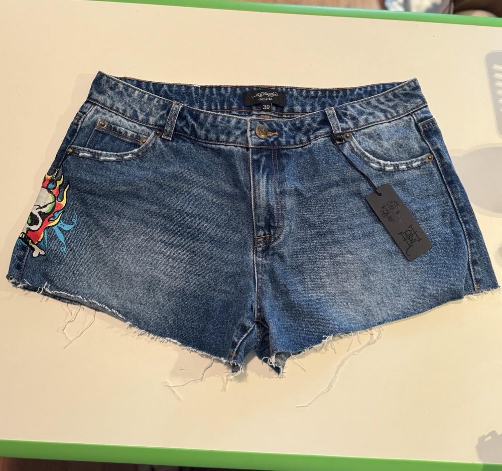 Ed Hardy Shorts Womens 30 Flame Skull Denim Cut Off Large Logo Western Biker ❤️