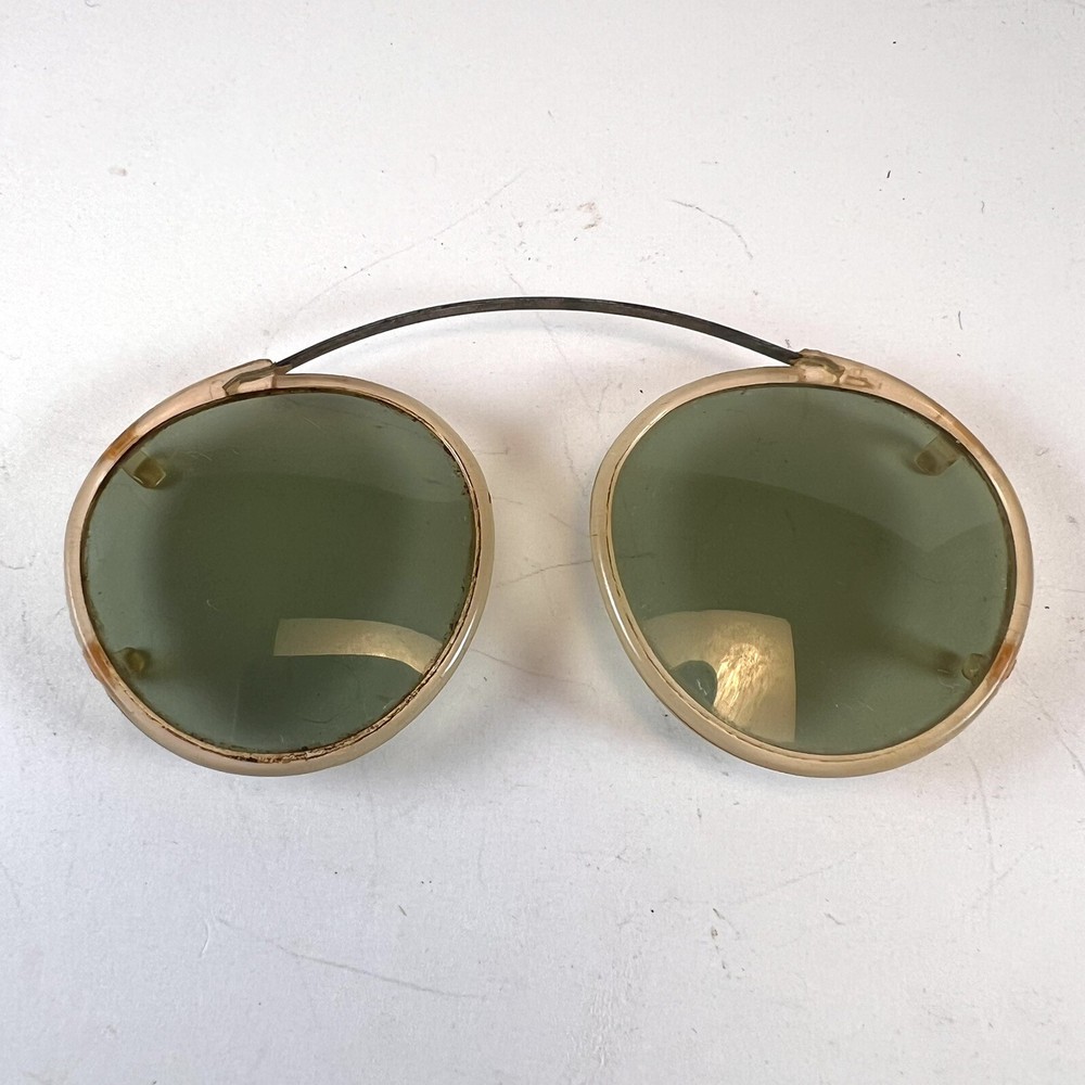Vintage Clip On Sunglasses Wire & Zyle Flexible Frame Gold Tone Green Lenses