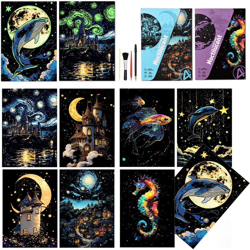 A5 Scratchboard Art Luminous Painting Kits Rainbow Paper 8 Sheet 4 Tools