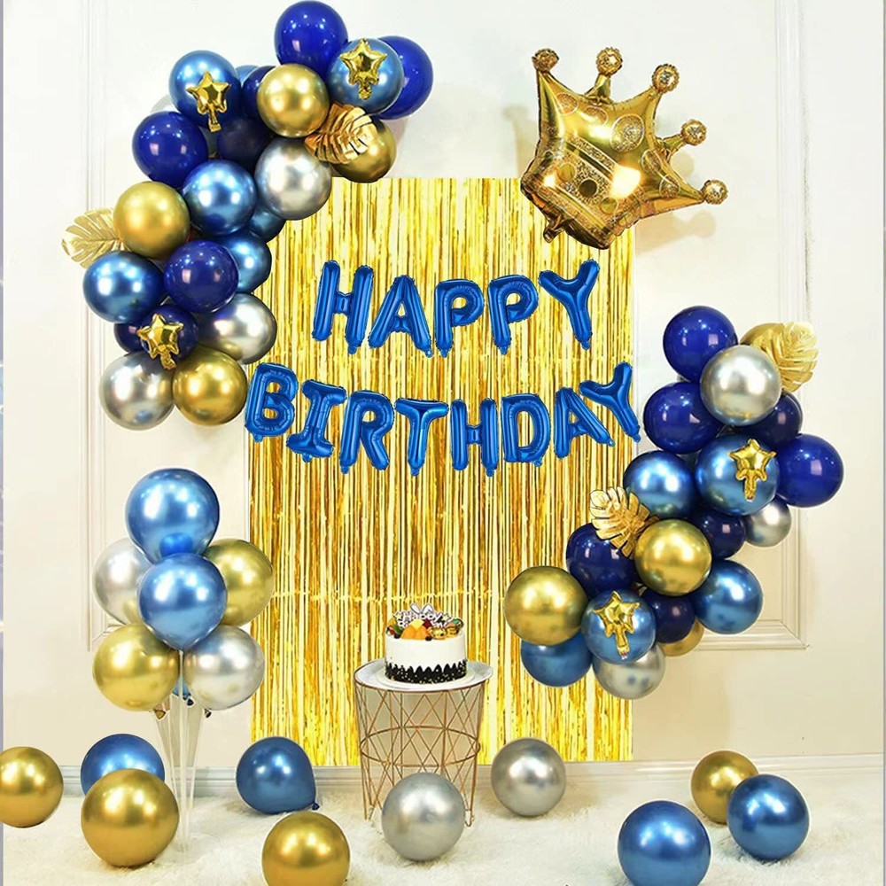 84-Piece Gold & Blue Balloon Curtain Birthday Decor Set for Men