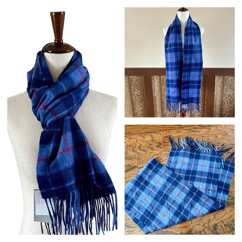 Louisa Perini Men's Fringed 100% Cashmere Scarf in Blue Tartan NWT