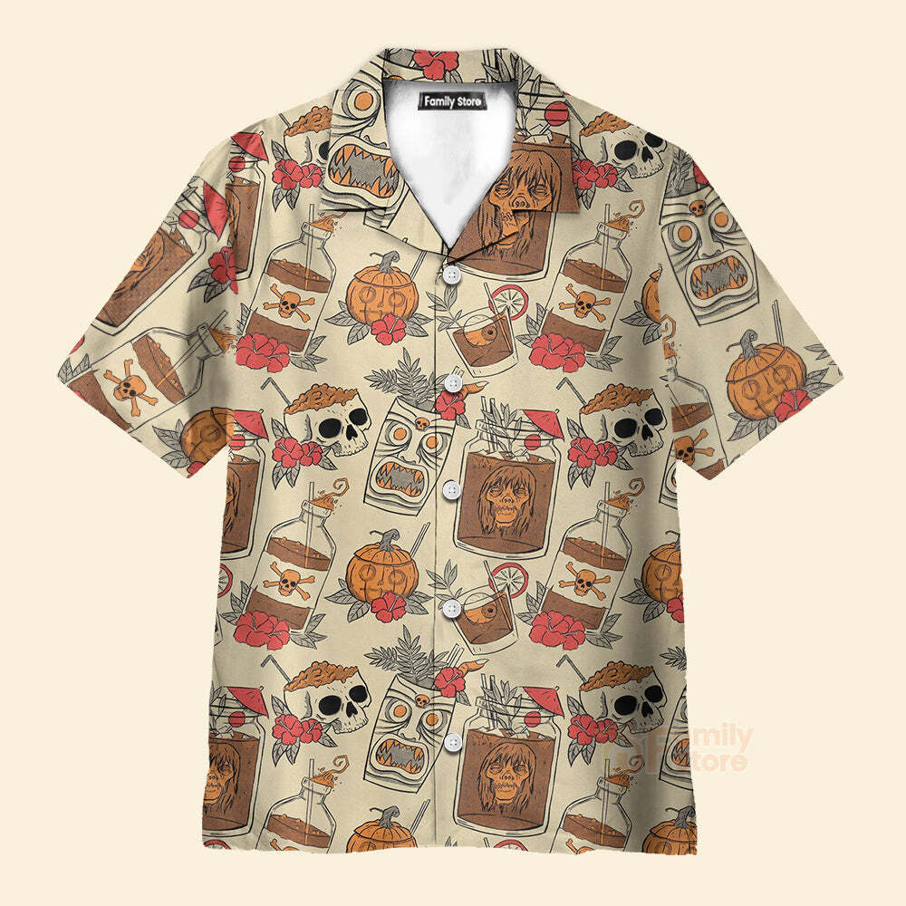 Mens Retro Drink Tiki Skull Print Casual Hawaiian Aloha Shirt