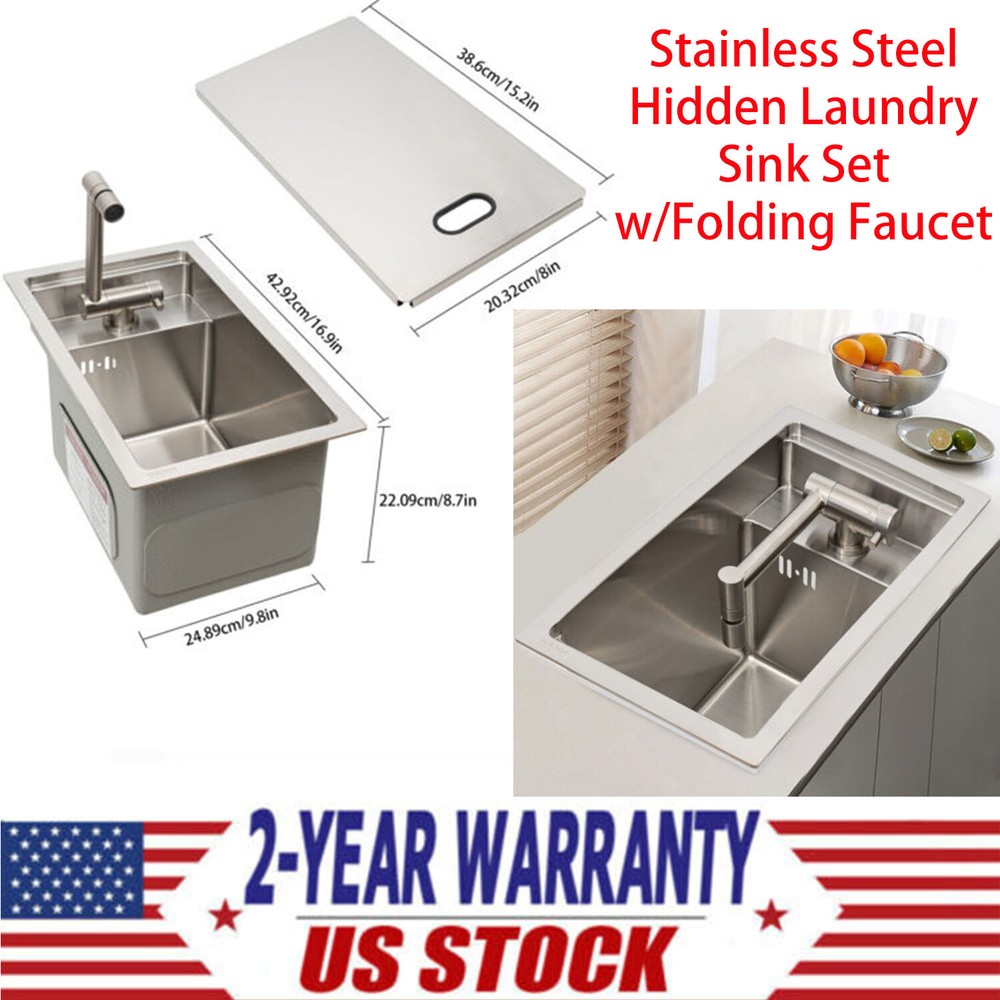 Single Bowl Bar Kitchen Laundry Sink Set Stainless Steel Hidden w/Folding Faucet