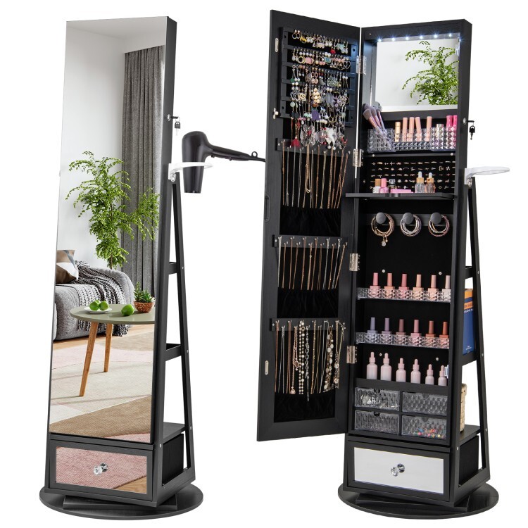 Lockable 360° Swivel Jewelry Organizer Cabinet W/LED Lights & Full-Length Mirror