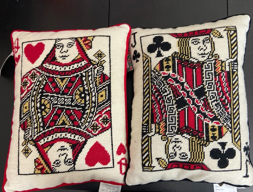 Jack Clubs QUEEN Of HEARTS Needlepoint Throw Pillow Velvet Backed RARE Cards Vtg