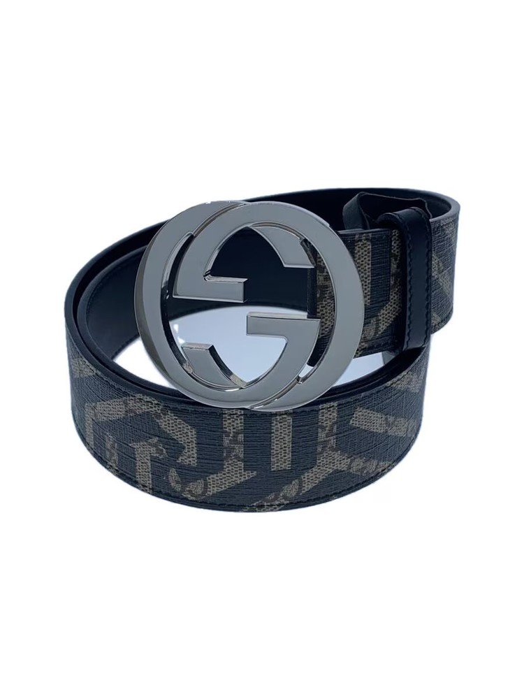 GUCCI Mens Black PVC All-Over Print Belt with Minimal Buckle Scratches 411924