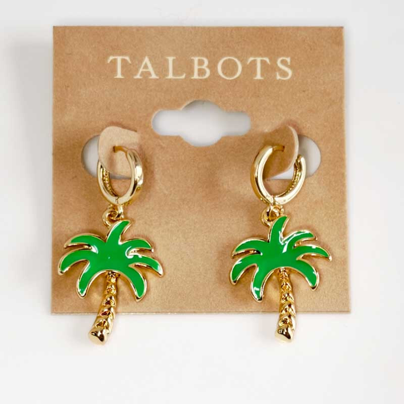 New Talbots Palm Tree Drop Huggie Hoop Earrings Cute Women/Girl Vacation Jewelry
