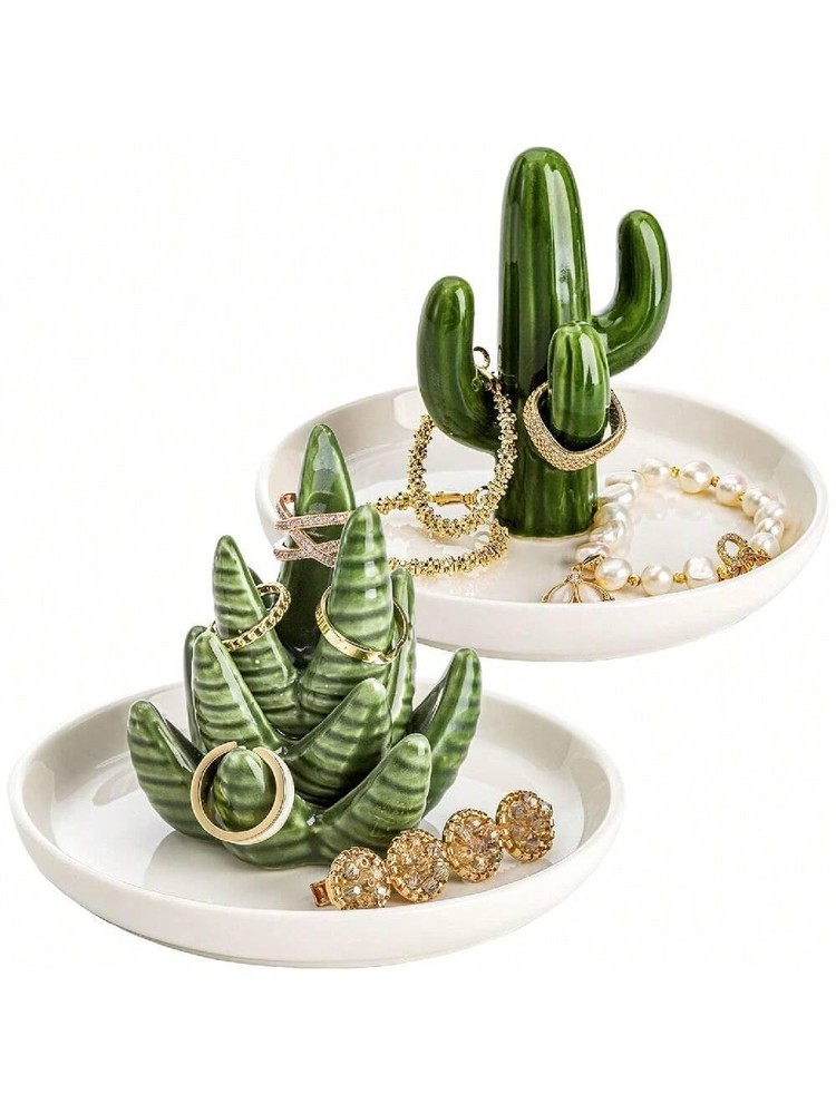 Ceramic Cactus Jewelry Dish Organizer for Necklaces in Gold & Multicolor
