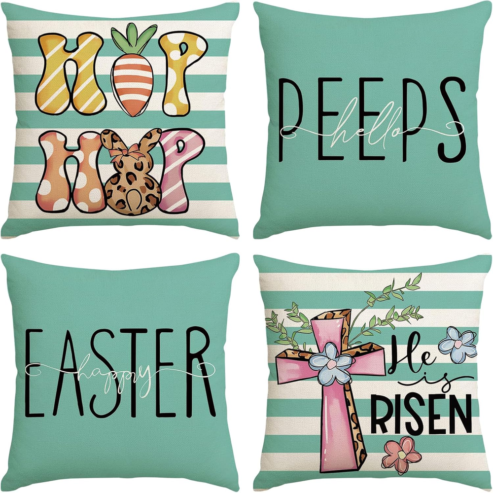 Easter Pillow Covers 18x18 Set of 4 Spring Bunny Carrots Green Decorative Throw Covers