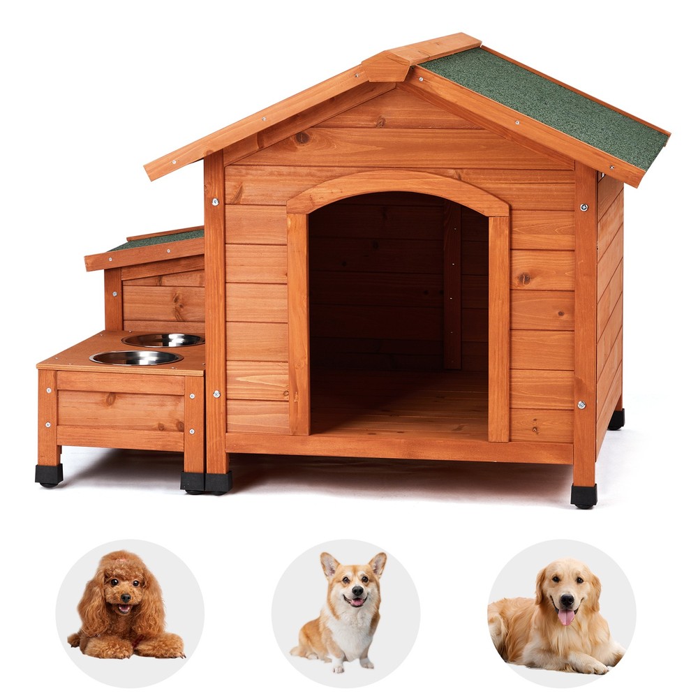 Outdoor Wooden Dog House with Asphalt Roof, Storage Box & 2 Bowls