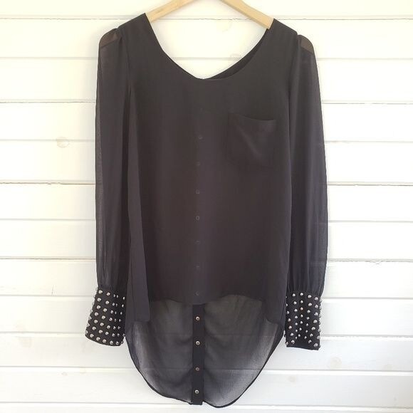 Semi-Sheer Double Zero Snap Back Hi-Low Blouse with Studded Cuffs - Size S-image